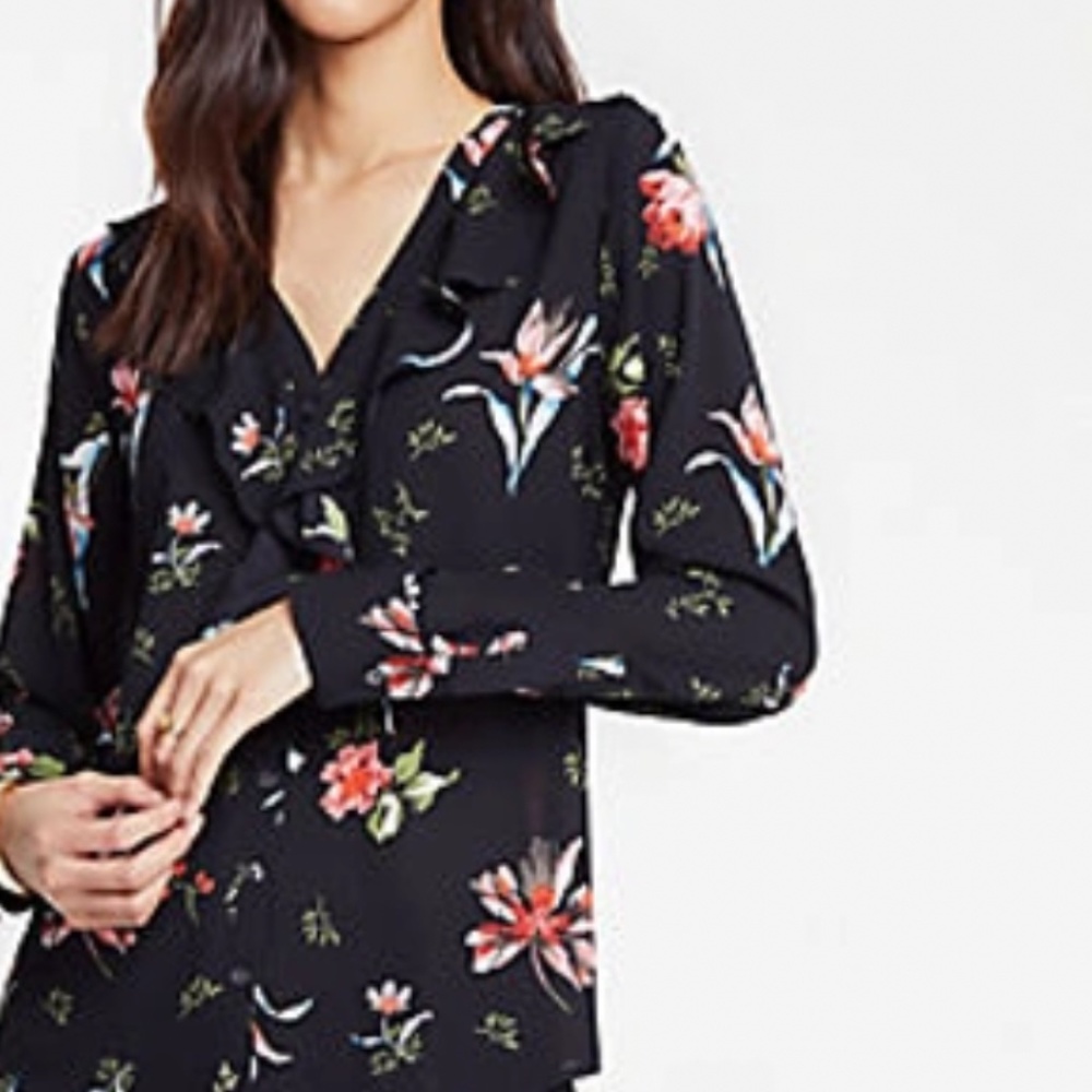 Ann Taylor petites garden floral v neck ruffle blouse . Worn once if at all